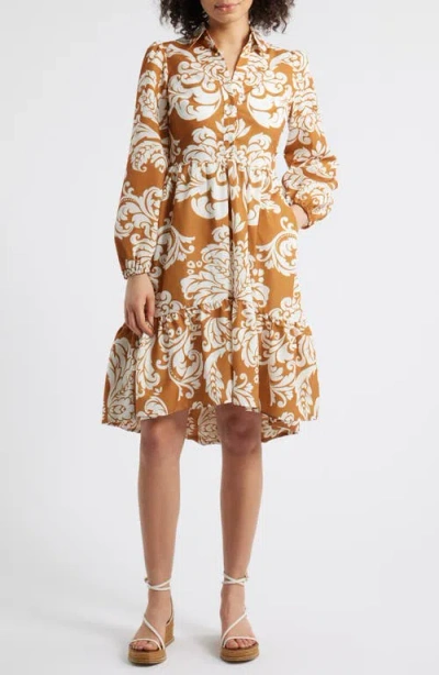 Julia Jordan Long Sleeve Shirtdress In Camel,whit