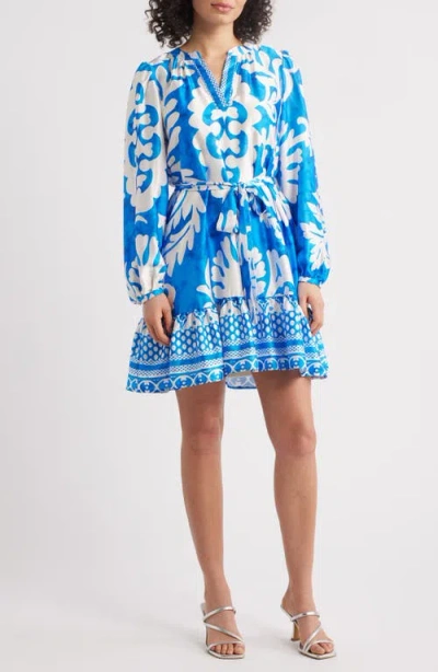 Julia Jordan Long Sleeve Tie Belt Dress In Blue Ivory