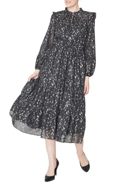 Julia Jordan Metallic Long Sleeve Midi Dress In Black/silver