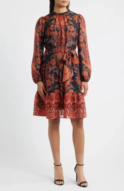 Julia Jordan Metallic Paisley Ruffle Long Sleeve Dress In Black