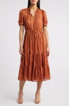 Julia Jordan Metallic Stripe Tiered Midi Dress In Rust