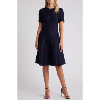 Julia Jordan Metalllic Tweed Fit & Flare Cocktail Dress In Navy