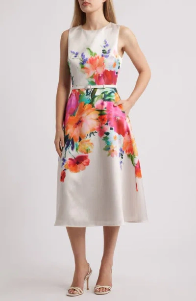 Julia Jordan Mika Placed Floral Cocktail Midi Dress In Ivory,mult