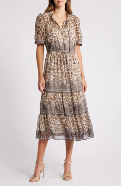 Julia Jordan Mixed Metallic Paisley Tiered Midi Dress In Beige