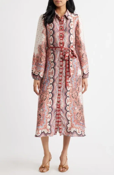Julia Jordan Mixed Paisley Long Sleeve Midi Shirtdress In Pink