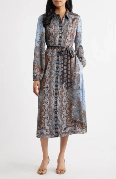 Julia Jordan Mixed Paisley Long Sleeve Midi Shirtdress In Gray