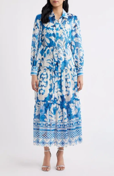 Julia Jordan Mixed Print Long Sleeve Tiered Shirtdress In Blue