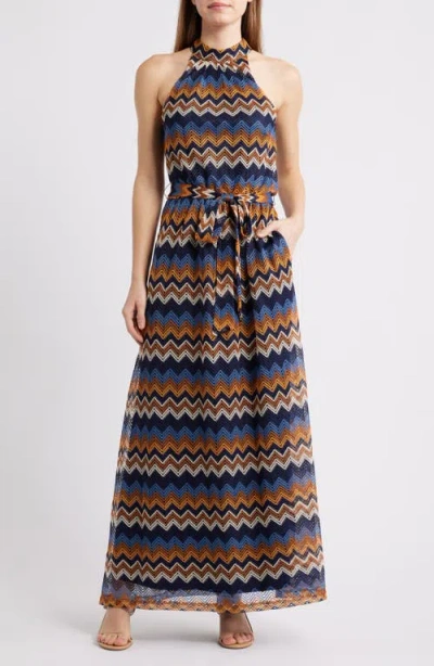 Julia Jordan Mock Neck Tie Belt Maxi Dress In Multi