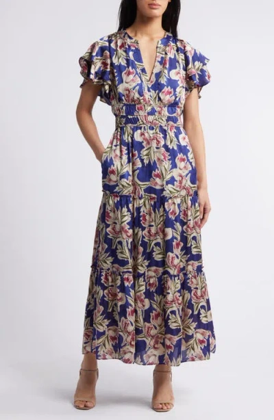 Julia Jordan Orchid Print Flutter Sleeve Satin Dress In Blue Multi