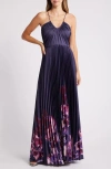 JULIA JORDAN JULIA JORDAN PLACED FLORAL PLEATED SATIN DRESS