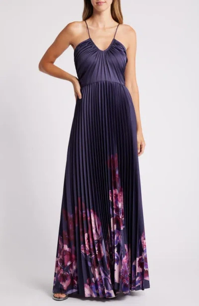 Julia Jordan Placed Floral Pleated Satin Dress In Purple Multi