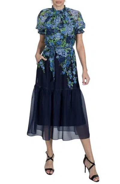Julia Jordan Placed Floral Print Midi Dress In Navy Multi