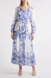Julia Jordan Placed Print Long Sleeve Maxi Dress In Blue White