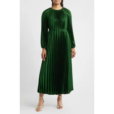 Julia Jordan Pleated Long Sleeve Satin Midi Dress In Green