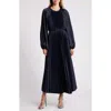 Julia Jordan Pleated Long Sleeve Satin Midi Dress In Navy