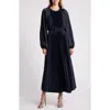 Julia Jordan Pleated Long Sleeve Satin Midi Dress In Navy