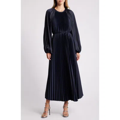 Julia Jordan Pleated Long Sleeve Satin Midi Dress In Blue