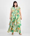 Julia Jordan Plus Size Crinkled Floral-print Tiered Maxi Dress In Green Multi
