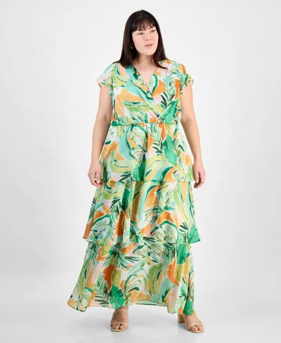 Julia Jordan Plus Size Crinkled Floral-print Tiered Maxi Dress In Green Multi