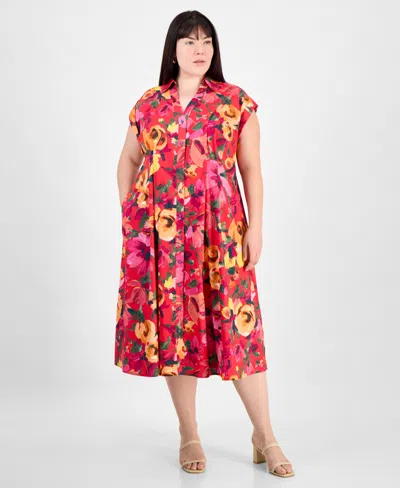 Julia Jordan Plus Size Floral-print Button-down Shirtdress In Red Multi