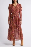 Julia Jordan Print Long Sleeve Chiffon Tiered Dress In Red Orange Multi