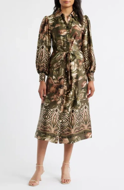 Julia Jordan Print Long Sleeve Shirtdress In Burgundy