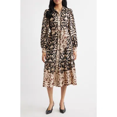 Julia Jordan Print Tie Waist Midi Shirtdress In Brown