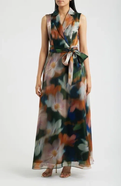 Julia Jordan Print Tie Waist Sleeveless Organza Gown In Multi