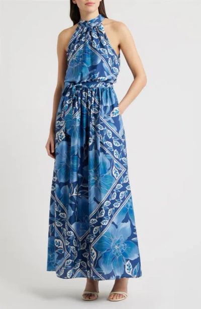 Julia Jordan Printed Satin Sleeveless Maxi Dress In Blue