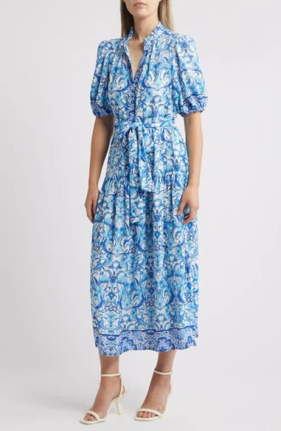 Julia Jordan Printed Puff Sleeve Tiered Maxi Dress In Blue Ivory