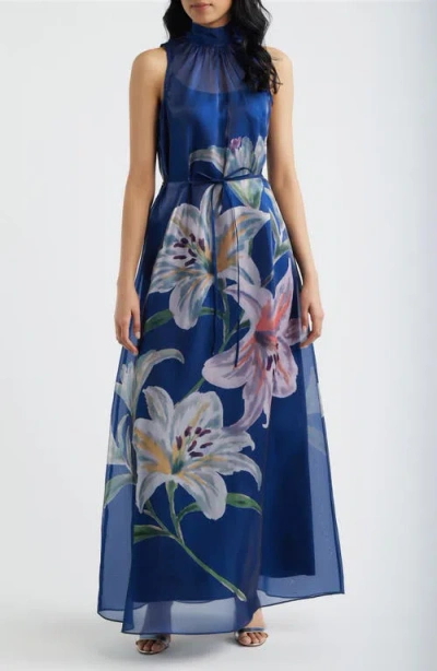 Julia Jordan Printed Tie Neck Organza Cocktail Dress In Blue