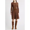 Julia Jordan Rib Long Sleeve Belted Sweater Dress In Brown