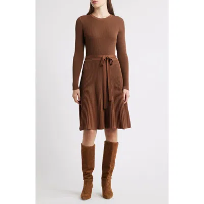 Julia Jordan Rib Long Sleeve Belted Sweater Dress In Brown
