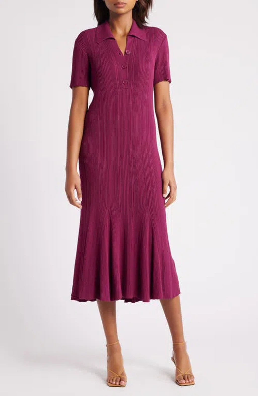 knee length dresses for ladies The Lorenz Striped Midi Sweater Dress in Burgundy X-Small main image 0