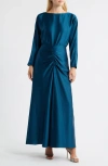 Julia Jordan Ruched Detail Long Sleeve Satin Gown In Blue