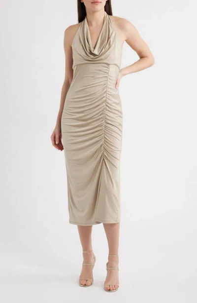 Julia Jordan Ruched Halter Neck Midi Dress In Neutral