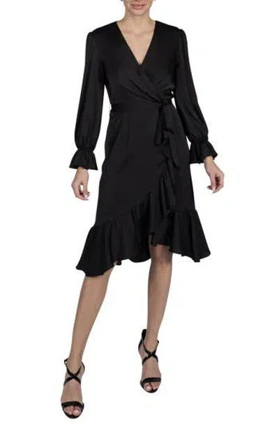 Julia Jordan Ruffle Detail Wrap Front Long Sleeve Dress In Black