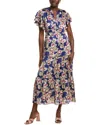 Julia Jordan Orchid Print Flutter Sleeve Satin Dress In Blue