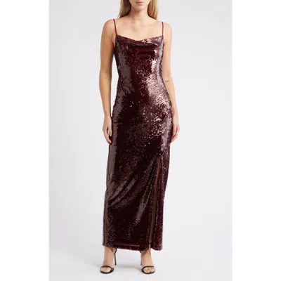 Julia Jordan Sequin Cowl Neck Maxi Cocktail Dress In Burgundy
