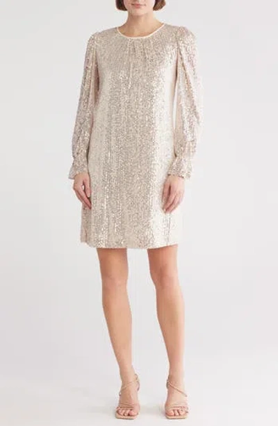 Julia Jordan Sequined Long Sleeve A-line Dress In Ivory Silver