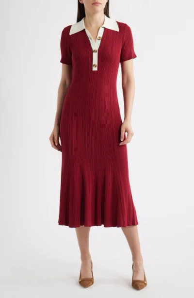 Julia Jordan Short Sleeve Rib Polo Sweater Dress In Burgundy