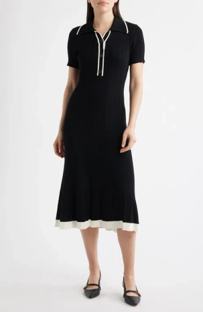 Julia Jordan Short Sleeve Rib Polo Sweater Dress In Black