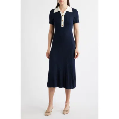 Julia Jordan Short Sleeve Rib Polo Sweater Dress In Blue