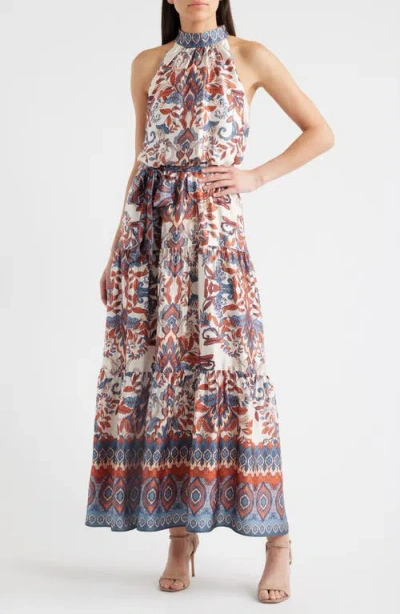 Julia Jordan Sleeveless Tiered Mock Neck Waist Tie Dress In Multi