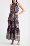Julia Jordan Sleeveless Tiered Mock Neck Waist Tie Dress In Multi