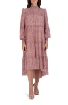 Julia Jordan Smocked Tiered Long Sleeve High-low Dress In Red/ivory
