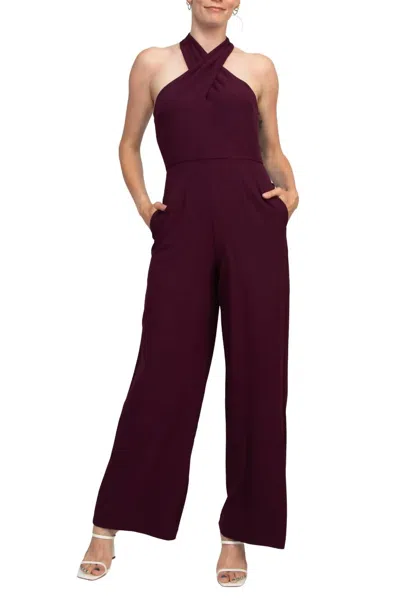 Julia Jordan Stretch Criss Cross Halter Neckline Sleeveless Crepe Jumpsuit In Cabernet In Burgundy
