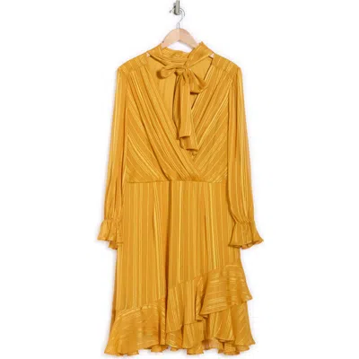 Julia Jordan Stripe Tie Neck Long Sleeve Chiffon Dress In Yellow