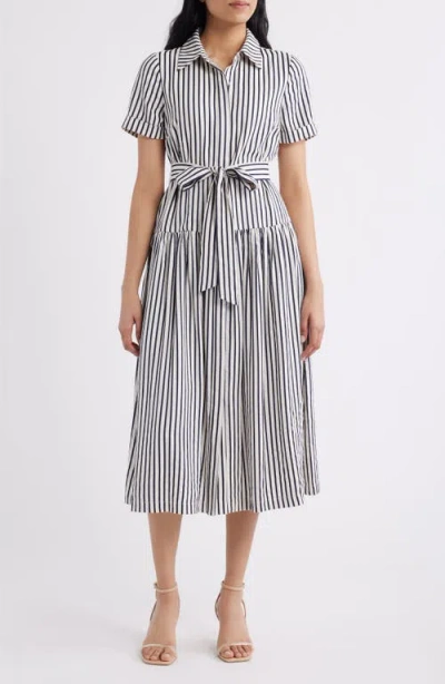 Julia Jordan Stripe Tie Waist Midi Shirtdress In White