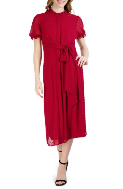 Julia Jordan Swiss Dot Ruffle Tie-front Midi Dress In Cranberry